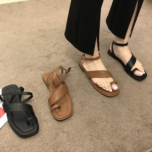 Jream Women's Summer Roman Sandals - Cross Strap, Square Toe, Flat Bottom, Outerwear KN