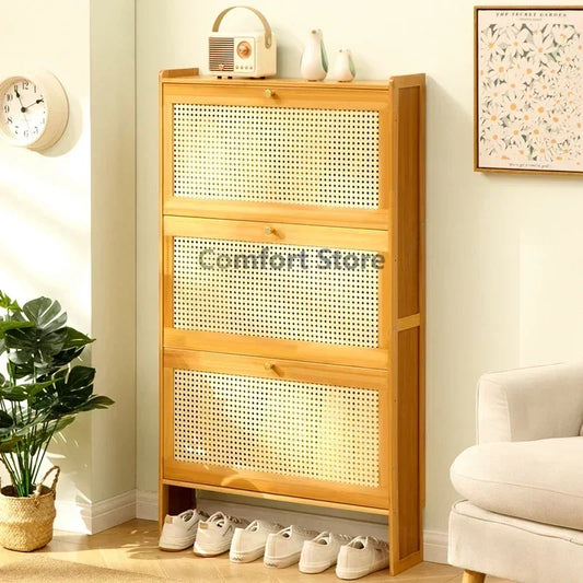 Japanese Rattan Woven Shoe Cabinet Rack Organizer - Ultra Thin Design, Large Capacity - Bamboo, Ideal for Hallway, Living Room, Home Furniture KN