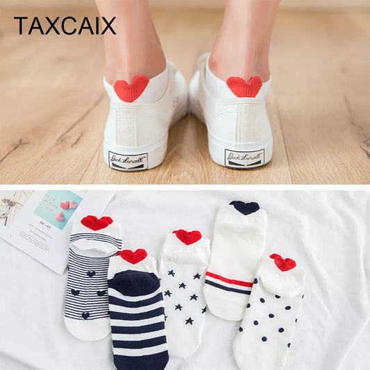 5 Pairs of Cute Cat Ankle Socks for Women - Pink Cotton, Short length, Casual Style - Animal Ear and Red Heart accents - Size 35-40 KN