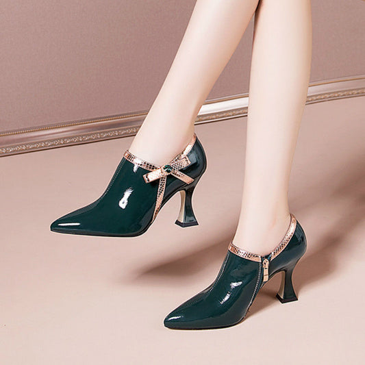 Pippa - New Spring Fashion Shoes: Women's Pumps, High Heels, Patent Leather, Pointed Toe, Bowtie, Side Zip - Black/Green KN